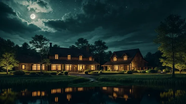 a remote countryside house at night, detailed architectural exterior, atmospheric lighting, dramatic cloudy sky, moonlight, fireflies, stars, reflections in a pond, lush forest in the background, photorealistic, cinematic, dramatic, moody