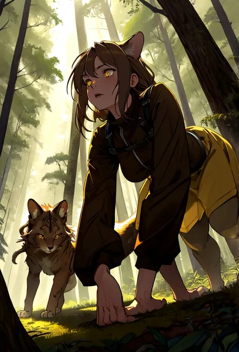 a wild feral light brown haired women on all fours in the forest staring at you with bright yellow eyes