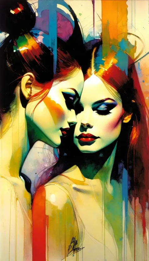 two girls love, pride (art inspired by Bill Sienkiewicz ). oil painting)
