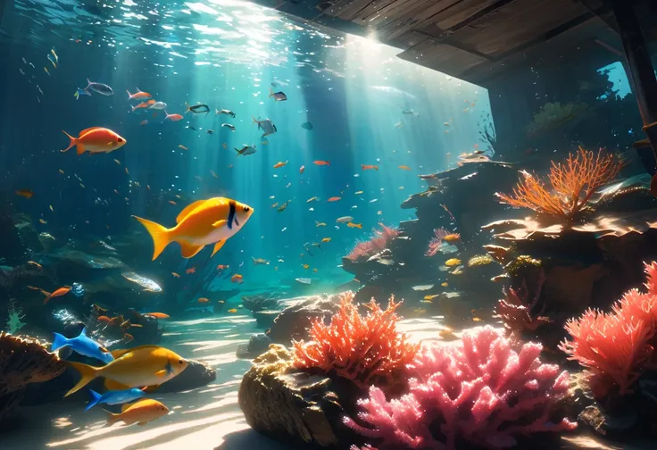 Soothing underwater scene, tranquil, clear blue water, gentle waves, sunlight filtering through, colorful fish, swaying seaweed, soft coral, serene atmosphere, calming, photorealistic, high detail, ethereal lighting, cinematic shot.bubbles