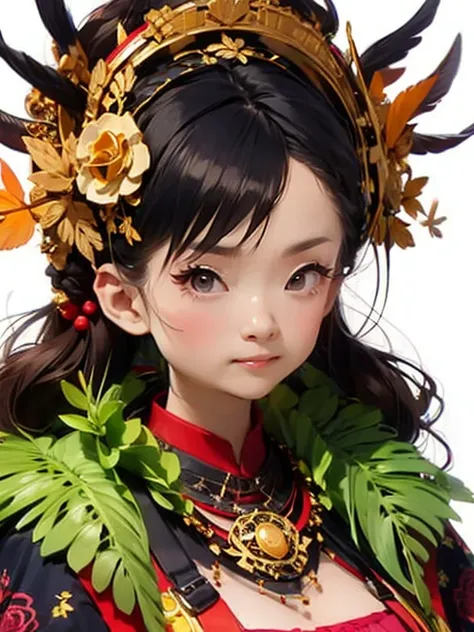 One Girl, The Amazon Queen wears a feathered crown of leaves and、Images of people wearing beaded or wood beaded accessories。The background is a lush green jungle、The Queen is posing like a warrior。
, Cowboy Shot