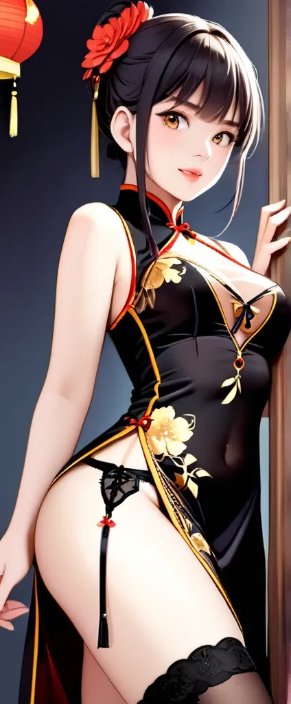 High resolution, adult woman , good lighting, despicable, , (No nudity), (((China dress))), (()), ((())), (garter belt), abdomen only, (),  ,  cute face, I&#39;m embarrassed and blush, humiliating, ((turn around and look back)), ((See-through))()(T-back)(a...