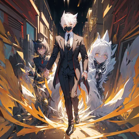 In an anime world, a mysterious man stands out. Wearing a sharp black suit with a impeccable silver tie, he wears an ornate wolf mask with intertwined magical runes. Your amber eyes shine through the mask, emanating wisdom and hidden power. Her short, dark...