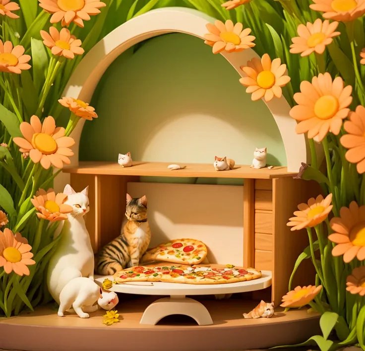 Cute cats FLOWERS, house, eating pizza, watching TV, 