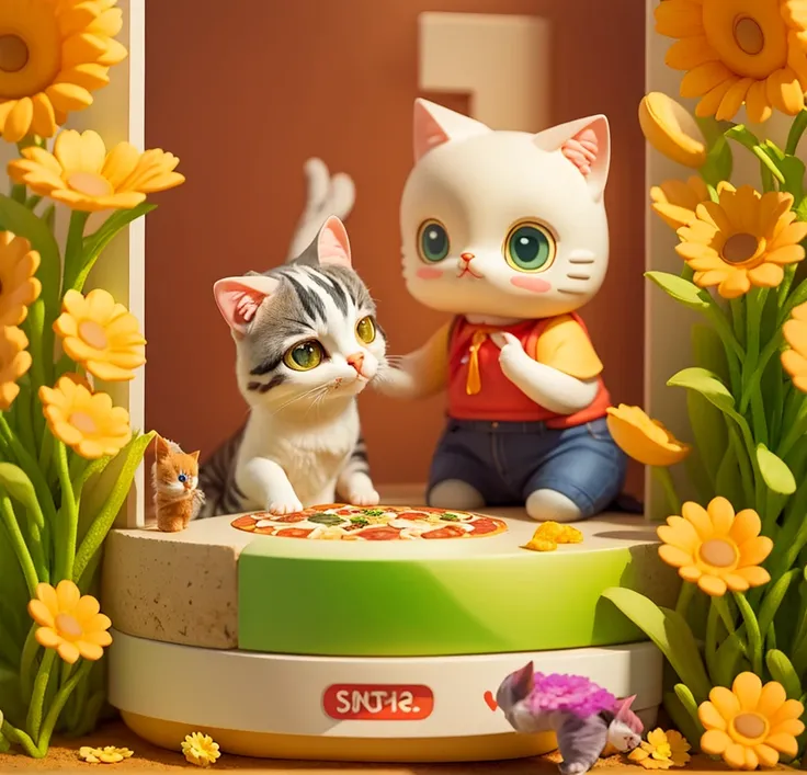 Cute cats FLOWERS, house, eating pizza, watching TV, 