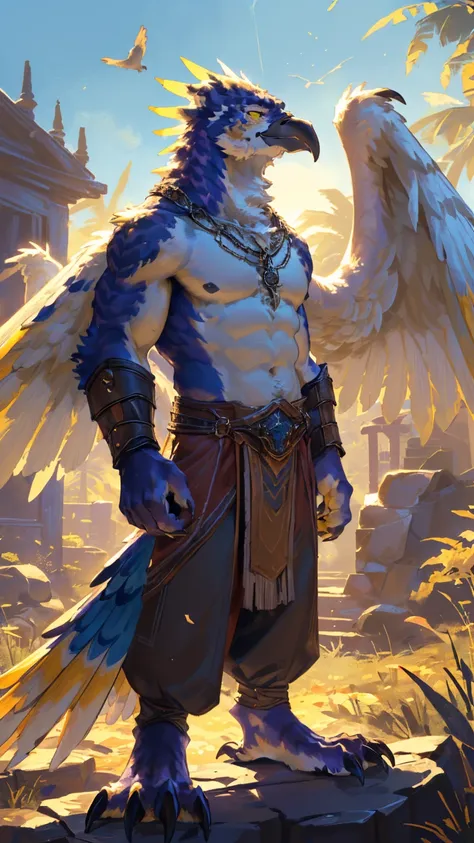 ((middle Ages:1.3))，【Sky background:1.6】，(Royal Family:1.2)，((sunny:1.4))，high resolution，4K，【9:16 Whole body:1.1，posture:1.5】，masterpiece，high quality，((Griffin))，male，Furry，(teenager:1.3)，hairy，((Fierce and vicious:1.4))，(((Lean:1.2，Big Wings:1.3，Bird cl...