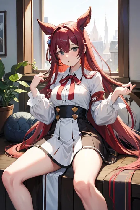 1 boy and 1girl are having sex on bedcowgirl position, squatting, spread legcum in pussy((Hoshino Sora・Granblue Fantasy))(lovelive)(((Big Ribbon、 absurdly  Long Cut、absurdly long hair、hair over one eye、Silver and red hair color)))、red maxi length skirt、tig...