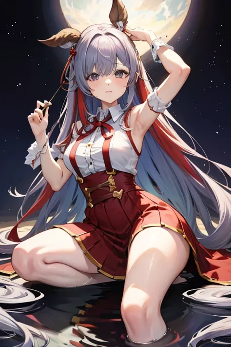 1 boy and 1girl are having sex on bedcowgirl position, squatting, spread legcum in pussy((Hoshino Sora・Granblue Fantasy))(lovelive)(((Big Ribbon、 absurdly  Long Cut、absurdly long hair、hair over one eye、Silver and red hair color)))、red maxi length skirt、tig...