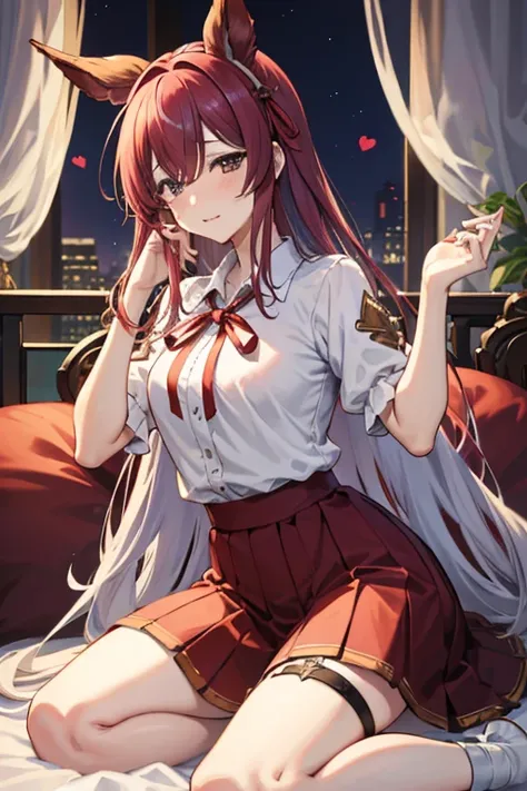 1 boy and 1girl are having sex on bedcowgirl position, squatting, spread legcum in pussy((Hoshino Sora・Granblue Fantasy))(lovelive)(((Big Ribbon、 absurdly  Long Cut、absurdly long hair、hair over one eye、Silver and red hair color)))、red maxi length skirt、tig...