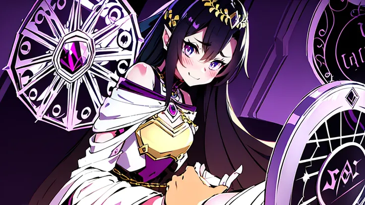 dark persona, ecstasy, looking at viewer, armor, both hands on own face, happy, blush, evil grin, white leg armor, knight, wavy hair, medium hair, octagonal yin yang mirror, purple eyes, audience, forehead jewel, pillars of purple fire, 1 woman, white cape...