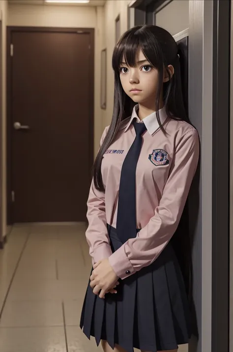 Screenshot screencap anime Boku no hero academia, 15 years old girl, dark pink long straight hair side bangs, a little messy, slanted eyes, dark amber eyes, pretty lashes, confused expression, wearing a grey uniform red tie leaning on a door, school hallwa...