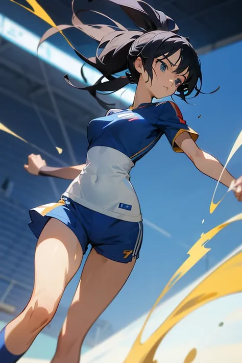 (anime ,2D) Women, soccer player , average height ,clear skin,thin face ,blue eyes,black hair , waist length ,fringe ,collected in a ponytail,Skinny body,big breasts,small waist, France national team uniform, In a soccer field ,kicking a ball with a super ...