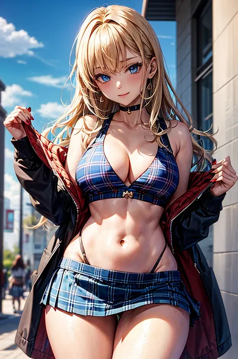 anime woman.  blue eye. hair blonde. medium chest.  earrings in ear.  thick thighs . Nails painted red. Sexy Student Costume Plaid  Sexy Thong Skirt