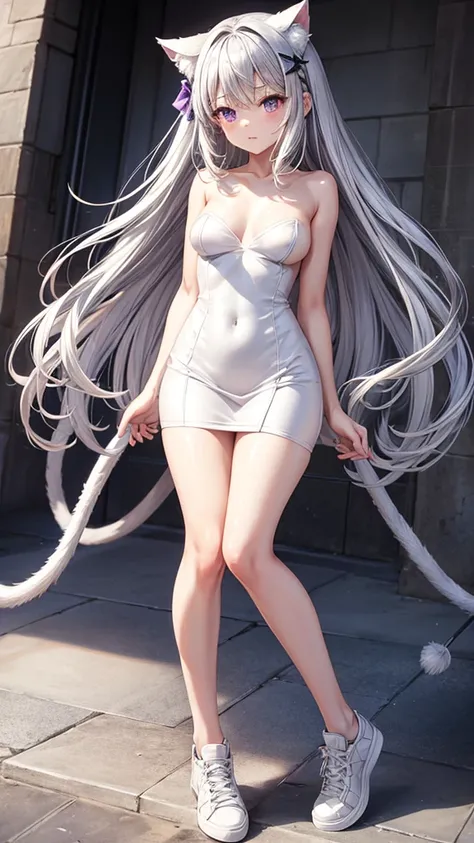 Naked, nude , medium natural breasts, silver hair, cat ears, two bell clips, purple eyes, fluffy silver tail, tight white dress, short dress, white sneakers, shy possing 