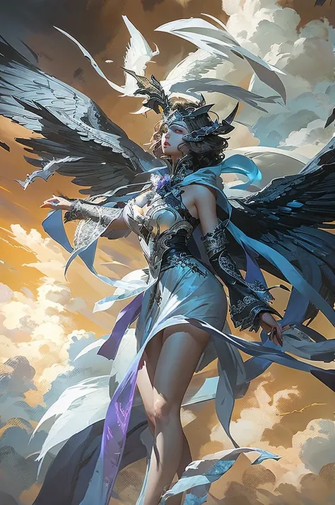 blindfolded, Divine judgement, sending from the sky, dynamic pose, A beautiful angel woman with huge wings, 2 giant horns, facing forward, in a melancholy pose, with a beautiful sharp face, ultra-detailed, hyper realistic, cinematic lighting, dark moody co...