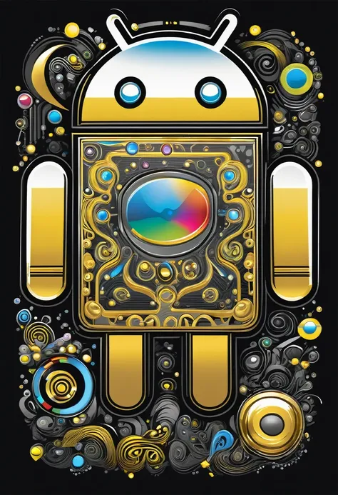 A vector design for a t-shirt, with a black background featuring elements of [[android] in the style of hyper-detailed illustrations with a colorful, cartoonish style in high resolution using [silver + gold] colors and hard edge lines, along with swirling ...