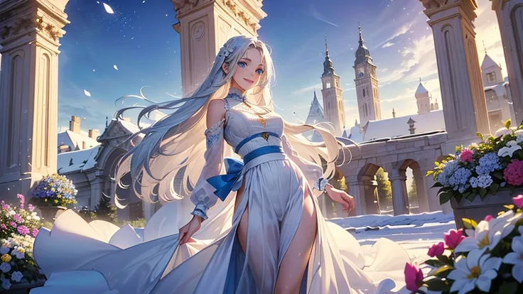 ((best quality，masterpiece，Extremely complex and exquisite details，There is only one beautiful girl with long white straight hair and blue eyes，Smile，long skirt))，(Exquisite light blue and white clothing，Beautiful bright and exquisite ancient style white c...