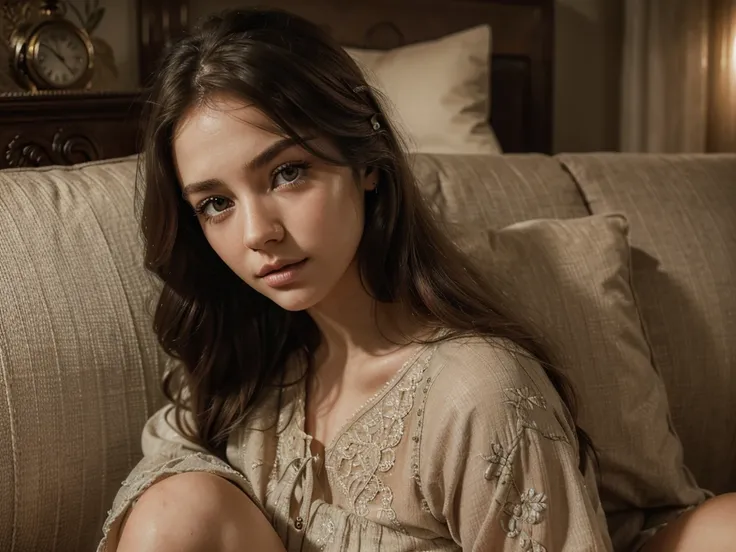 a sleepy girl, beautiful detailed eyes, beautiful detailed lips, extremely detailed face, long eyelashes, long hair, sitting on a couch, soft lighting, muted colors, cinematic, photorealistic, 8k, best quality, masterpiece, intricate details