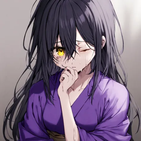  with a very weak purple kimono, black hair with white bangs, one black eye and one yellow eye.