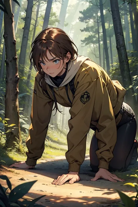 a wild feral light brown haired women on all fours in the forest staring