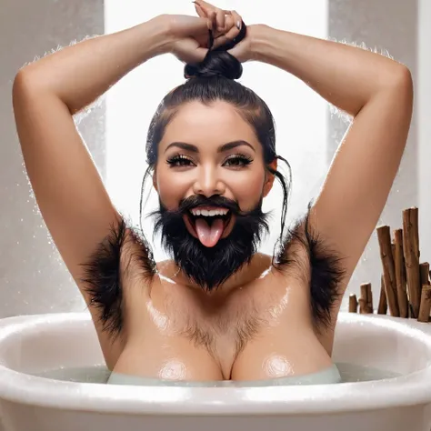 
bearded woman, armpit hair, hirsute body, sticks out tongue in bathtub