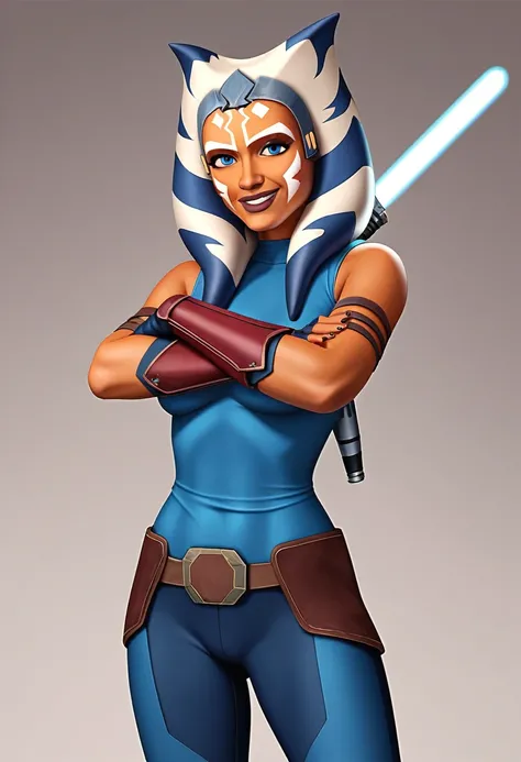 (masterpiece, best quality:1.2), solo, 1girl, AhsokaS7, colored skin, smile, looking at viewer, crossed arms, blue eyes, AhsokaS7Outfit, blue shirt, vambraces, fingerless gloves, hip armor, blue skirt, blue leggings, dual light saber