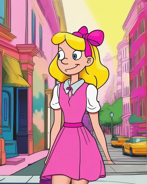 architectural photography, (ah, woman:1.0),como helga pataki de hey arnold!, wearing your pink dress, white  shirt, and pink bow...