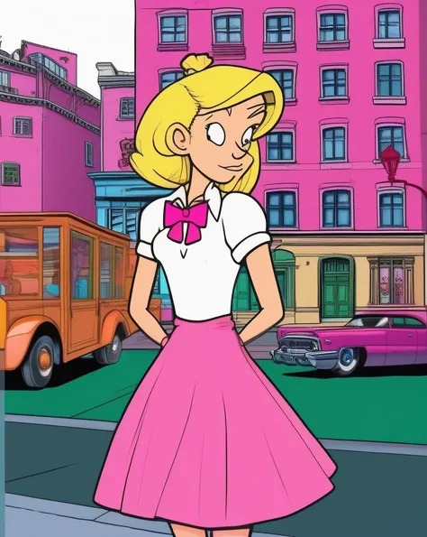 architectural photography, (ah, woman:1.0),como helga pataki de hey arnold!, wearing your pink dress, white  shirt, and pink bow...