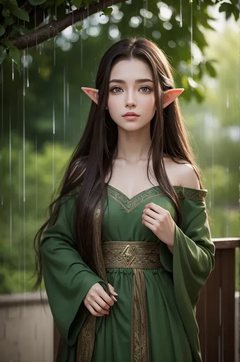 an elf with long brown hair, she has dark green eyes, adult body, has an expression of serenity, in the rain