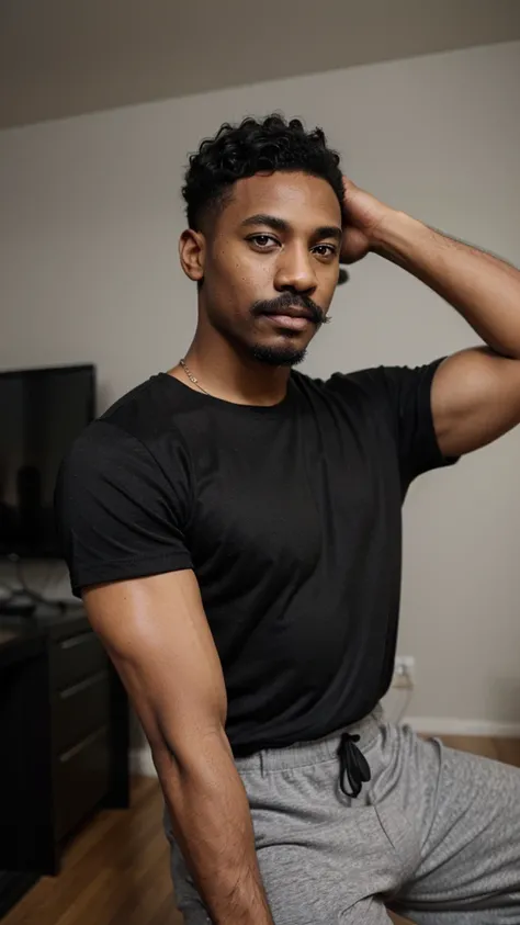 Attractive Black man, late 20’s, grey eyes, short hair, mustache, wearing black t-shirt.