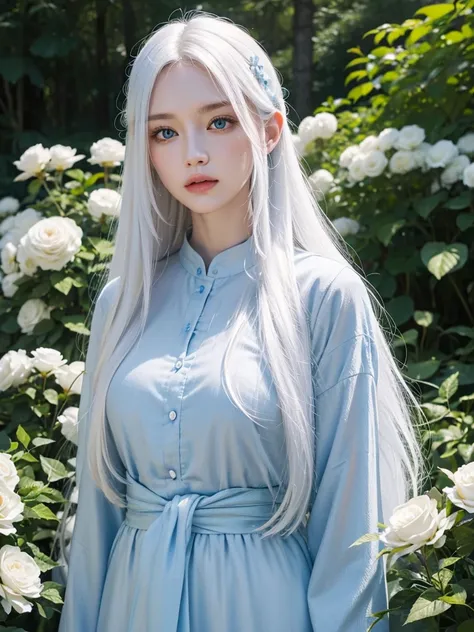 Long white hair, blue eyes, serious features, white skin, loose style, in a garden, with flowers , in the forest ,jeju Korea 