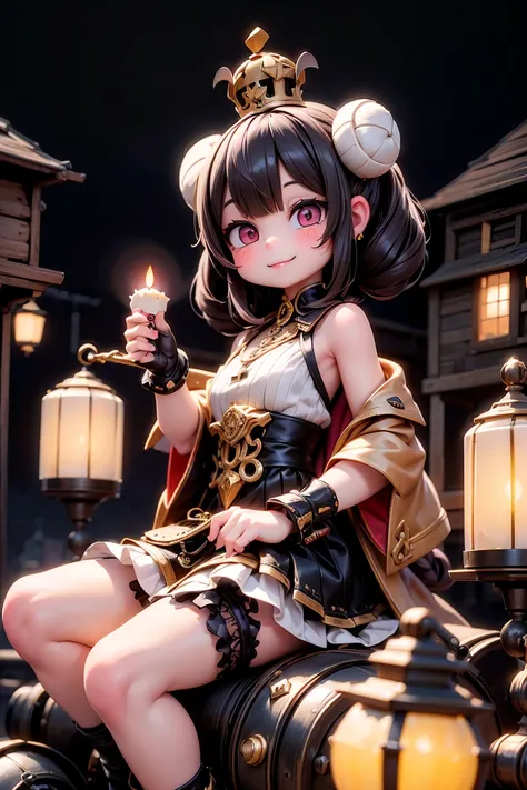 a cute horned demon queen smiling, wearing a queen crown, intrincate hairstyle, steampunk street at night illuminated by candles and lanterns, riding a steampunk machine, at night