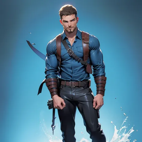 1 man, male focus solo, middle aged man,Stephen AMELL, tall, lean muscle, light blue shirt, brown leather shoulder holster, faded black trouser, full body shot, black short hair, facial hair, holding a pistol with two hands, (pistol:1.2), ultra high qualit...