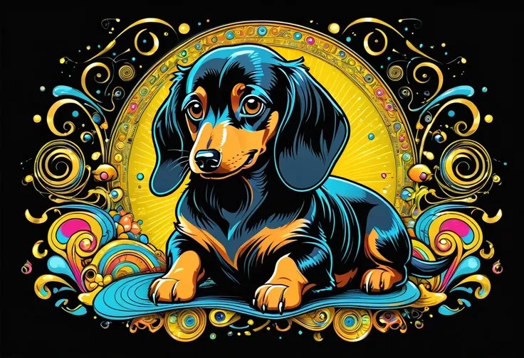 A vector design for a t-shirt, with a black background featuring elements of [[cyber-dachshund] in the style of hyper-detailed illustrations with a colorful, cartoonish style in high resolution using [black + gold] colors and hard edge lines, along with sw...