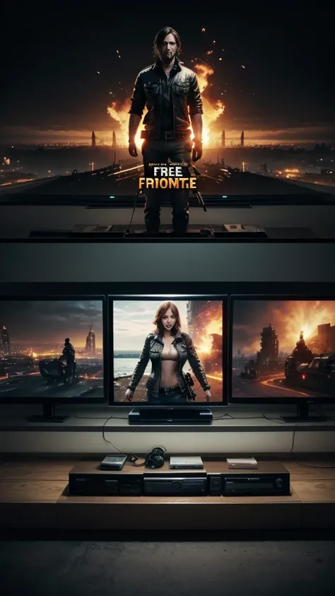 title at top "Free Fire" create me a banner for a game puts the title at the top and the character at the bottom, and a television in the middle. Screen height 1080 px x 1920 px.