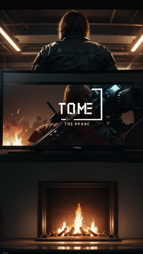 title at top "Free Fire" create me a banner for a game puts the title at the top and the character at the bottom, and a television in the middle. Screen height 1080 px x 1920 px.