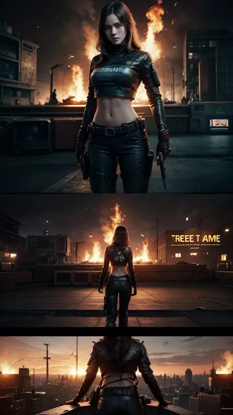 title at top "Free Fire" create me a banner for a game puts the title at the top and the character at the bottom, and a television in the middle. image Size [9:16]