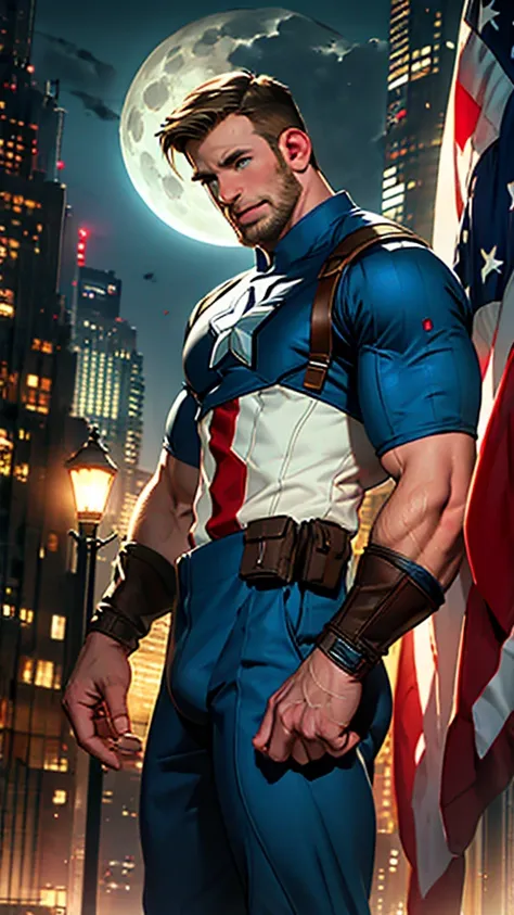 32k , 1 solo man , chris evans as captain america wearing his outfit, stands posing, detailed face,  detailed fingers,  detailed...