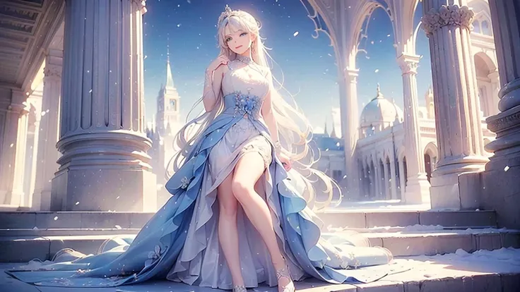 ((best quality，masterpiece，Extremely complex and exquisite details，There is only one beautiful girl with long white straight hair and blue eyes，Smile，long skirt))，(Exquisite light blue and white clothing，Beautiful bright and exquisite ancient style white c...