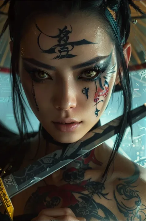 a close up of a woman with a knife and a tattoo on her face, very beautiful cyberpunk samurai, cyberpunk geisha, portrait of a cyberpunk samurai, beautiful cyberpunk girl face, cyberpunk samurai, hyper-realistic cyberpunk style, cyberpunk style ， hyperreal...