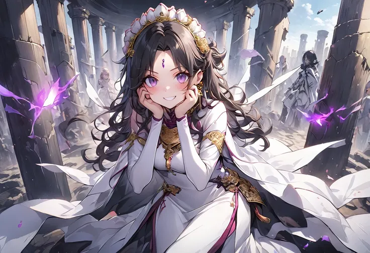 dark persona, ecstasy, looking at viewer, armor, both hands on own face, happy, blush, evil grin, white leg armor, knight, wavy hair, medium hair, octagonal yin yang mirror, purple eyes, audience, forehead jewel, pillars of purple fire, 1 woman, white cape...