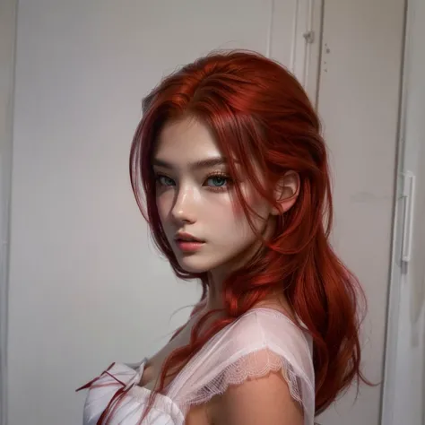 there is a woman With red hair posing for a picture, madison beer as leeloo, redhead girl, she has red hair, Red head, she is redhead, she has long orange hair, With red hair and green eyes, redhead goddess, With red hair, with curly red hair, devil queen ...