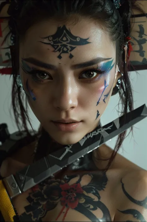 a close up of a woman with a knife and a tattoo on her face, very beautiful cyberpunk samurai, cyberpunk geisha, portrait of a cyberpunk samurai, beautiful cyberpunk girl face, cyberpunk samurai, hyper-realistic cyberpunk style, cyberpunk style ， hyperreal...