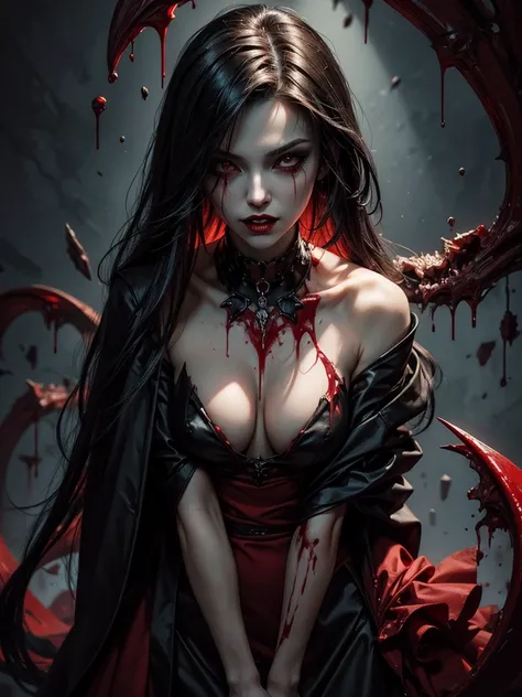 (masterpiece), excellent quality, abstract art, vector art, 1 woman with long and sharp vampire-like canines, and blood dripping from her mouth, winking, seductive look, aesthetics with blood dripping effect