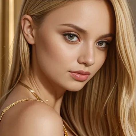 a close up of a woman wearing a gold dress and a choke, anna nikonova aka newmilky, angelina stroganova, portrait sophie mudd, d...