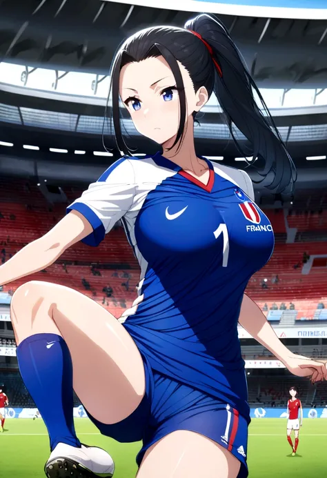 (anime ,2D) Women, soccer player , average height ,clear skin,thin face ,blue eyes,black hair , waist length ,fringe ,collected in a ponytail,Skinny body,big breasts,small waist, France national team uniform, In a soccer field ,kicking a ball .