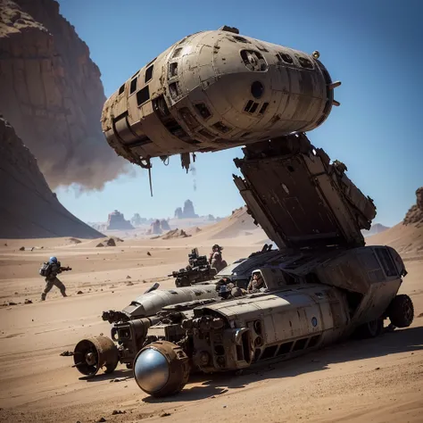 a group of armed space soldiers running from a destroyed spaceship wreck in the desert, cinematic style, extremely detailed, beautiful, crashed spaceship, beautiful clouds and blue sky, steampunks