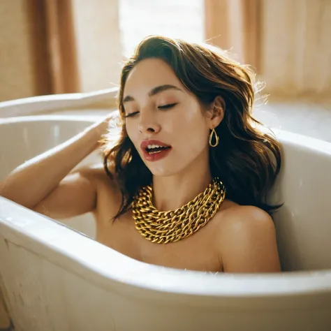 In this image we see a woman with a shaggy beard lying in a bathtub with her tongue playfully sticking out. The woman appears relaxed and carefree as she enjoys her time in the bathtub. She has a gold chain around her neck and a piercing on her hairy face,...