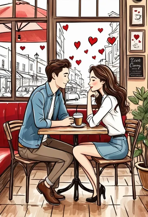 hand drawing cartoon style 2d stick figure of a loving couple in a cafe, hearts, very detailed, high quality