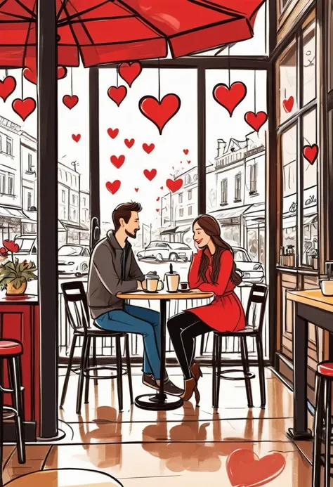 hand drawing cartoon style 2d stick figure of a loving couple in a cafe, hearts, very detailed, high quality